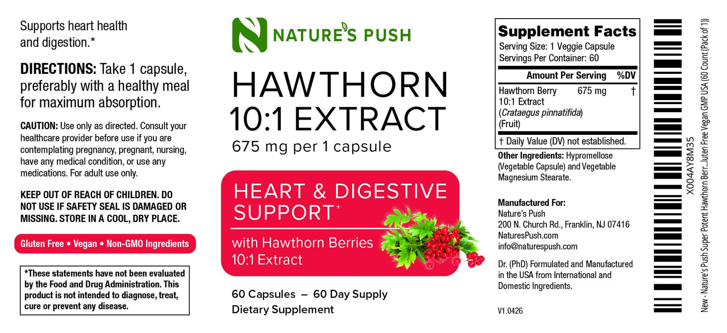Nature's Push Hawthorn Berry Supplement 10:1 Extract 675mg Capsules, 60 Count