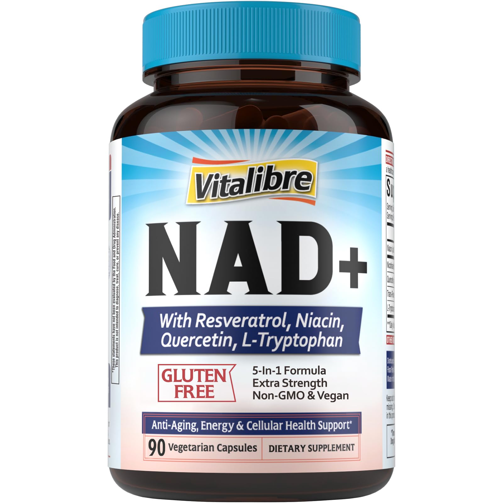 Vitalibre NAD Resveratrol Supplement with Niacinamide, Quercetin, L-Tryptophan – NMN Alternative, Non-GMO, 90 Capsules