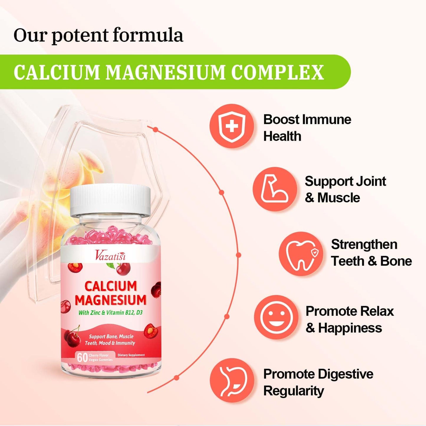 Vazatisi Calcium Magnesium Zinc Gummies 2:1 Ratio with Vitamin D3 & B12, Vegan Cherry Flavor, 60 Count