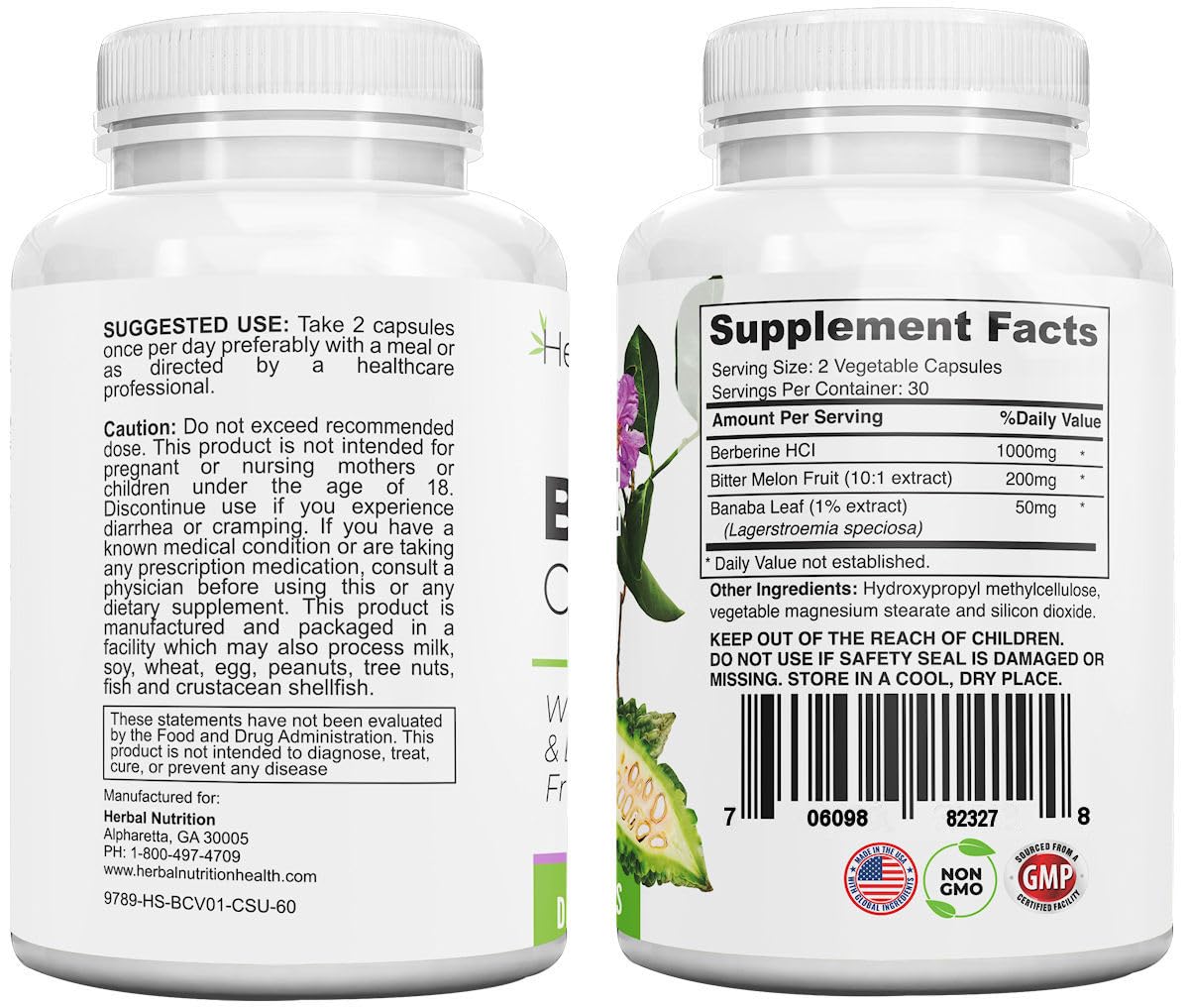 Herbal Nutrition Berberine Complex 1250mg of Berberine HCL, Banaba Leaf and Bitter Melon Extract Capsule, 120 Count