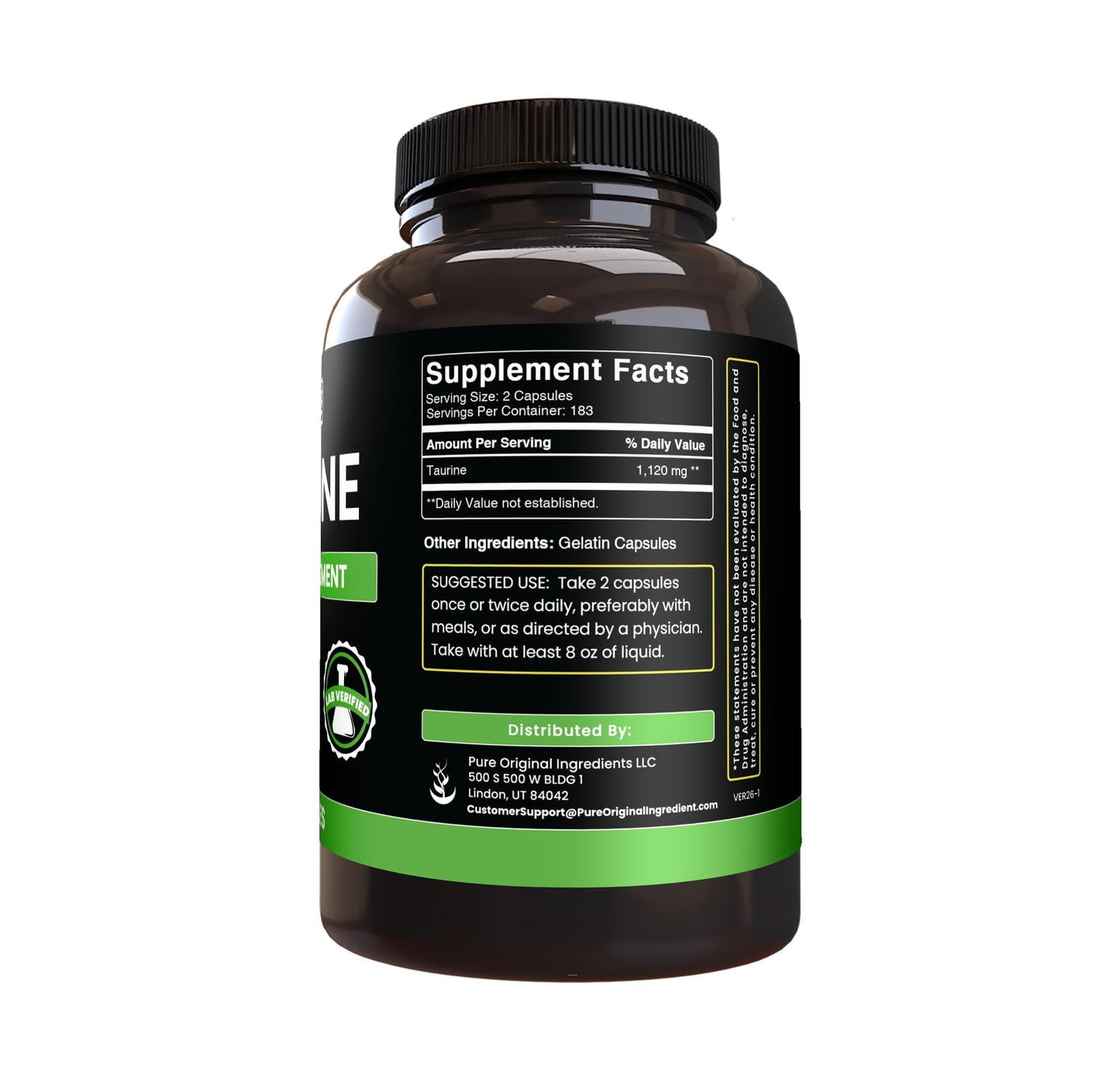 PURE ORIGINAL INGREDIENTS Taurine Capsules 365 Capsules