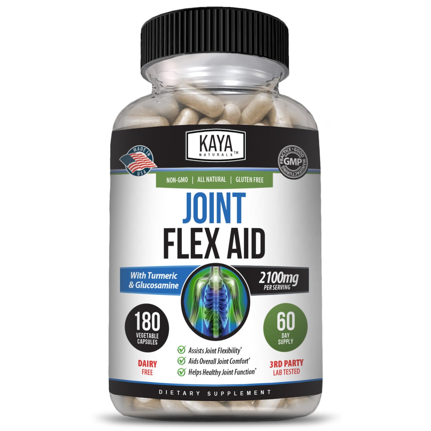 Kaya Naturals Flex Aid Mobility Support Turmeric Capsules with Glucosamine Sulfate, Boswellia Serrata and MSM - Knee Support and Mobility Health, 180 Capsules