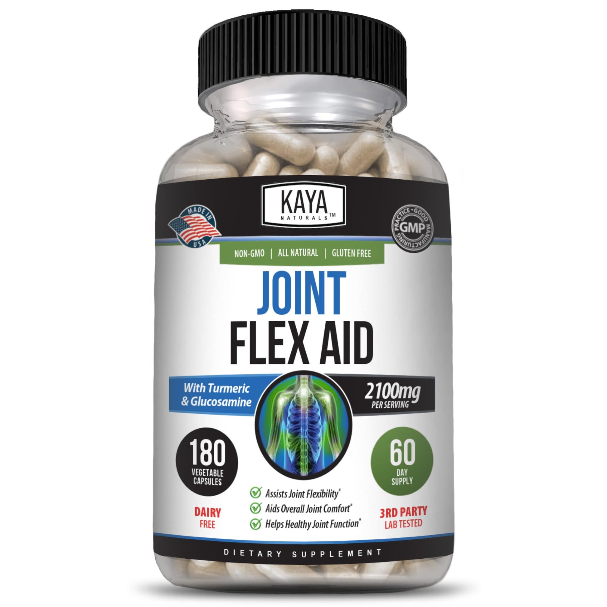 Kaya Naturals Flex Aid Mobility Support Turmeric Capsules with Glucosamine Sulfate, Boswellia Serrata and MSM - Knee Support and Mobility Health, 180 Capsules