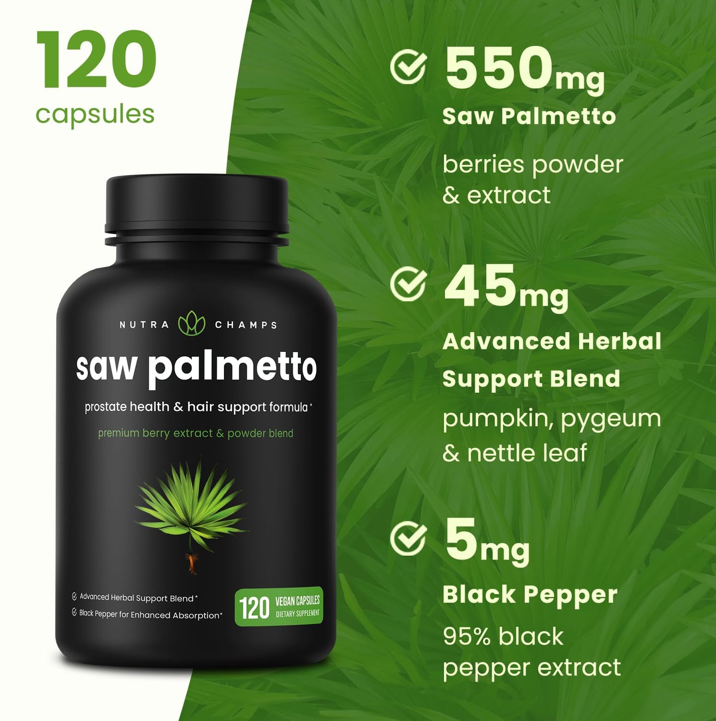 NutraChamps Saw Palmetto Supplement for Prostate Health Capsules 120 Count