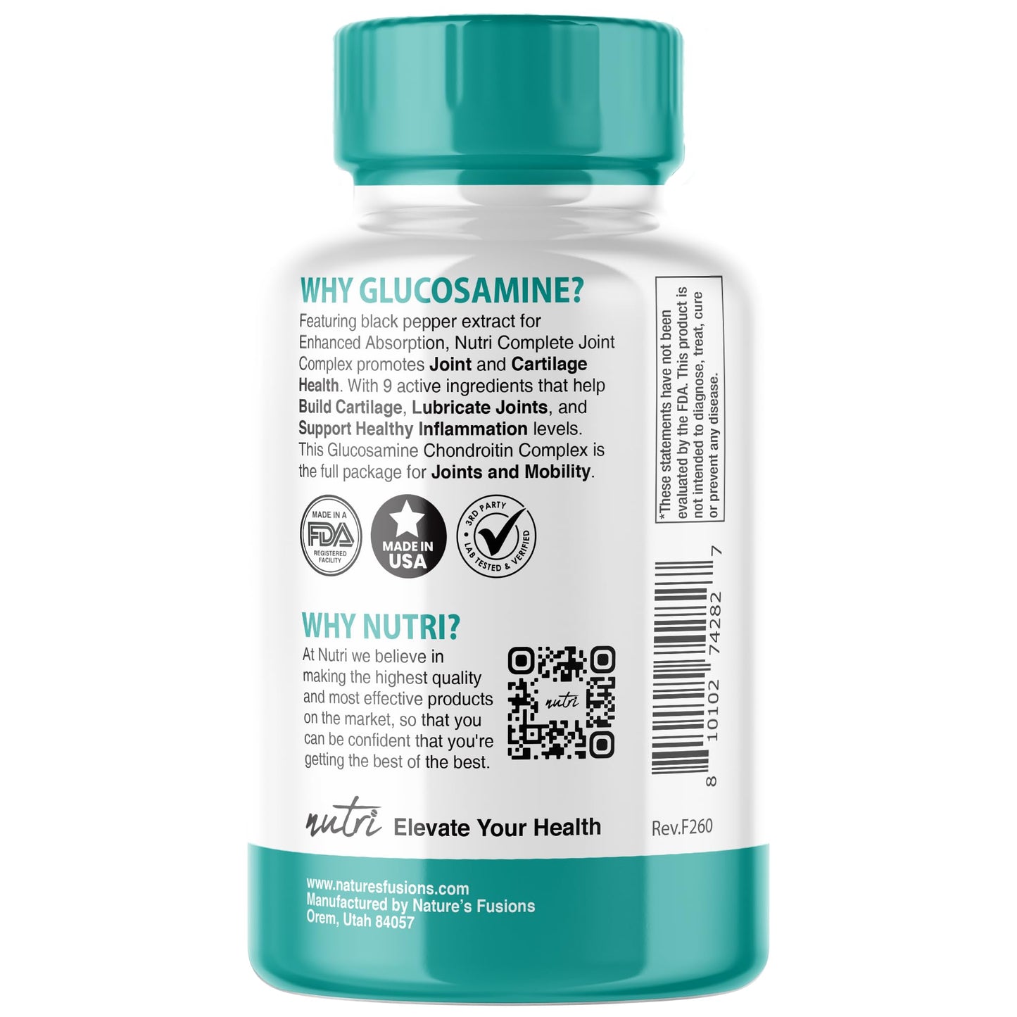 Nature's Fusions Nutri 8-in-1 Glucosamine Chondroitin MSM Turmeric Bromelain Boswellia Hyaluronic Acid 3025 mg Joint Support Supplement 120 Capsules