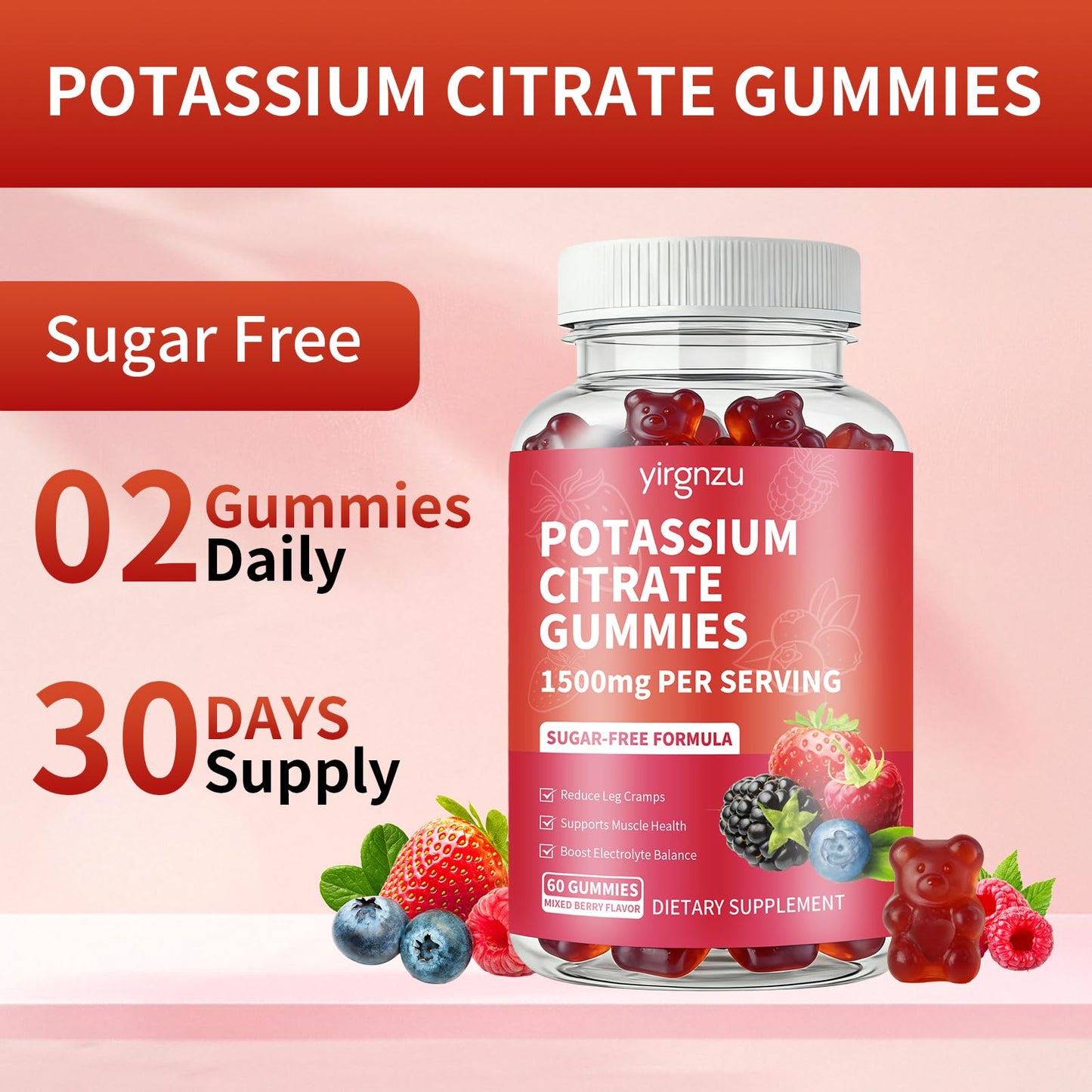 yirgnzu Potassium Citrate Gummies 1500mg, 60 Count