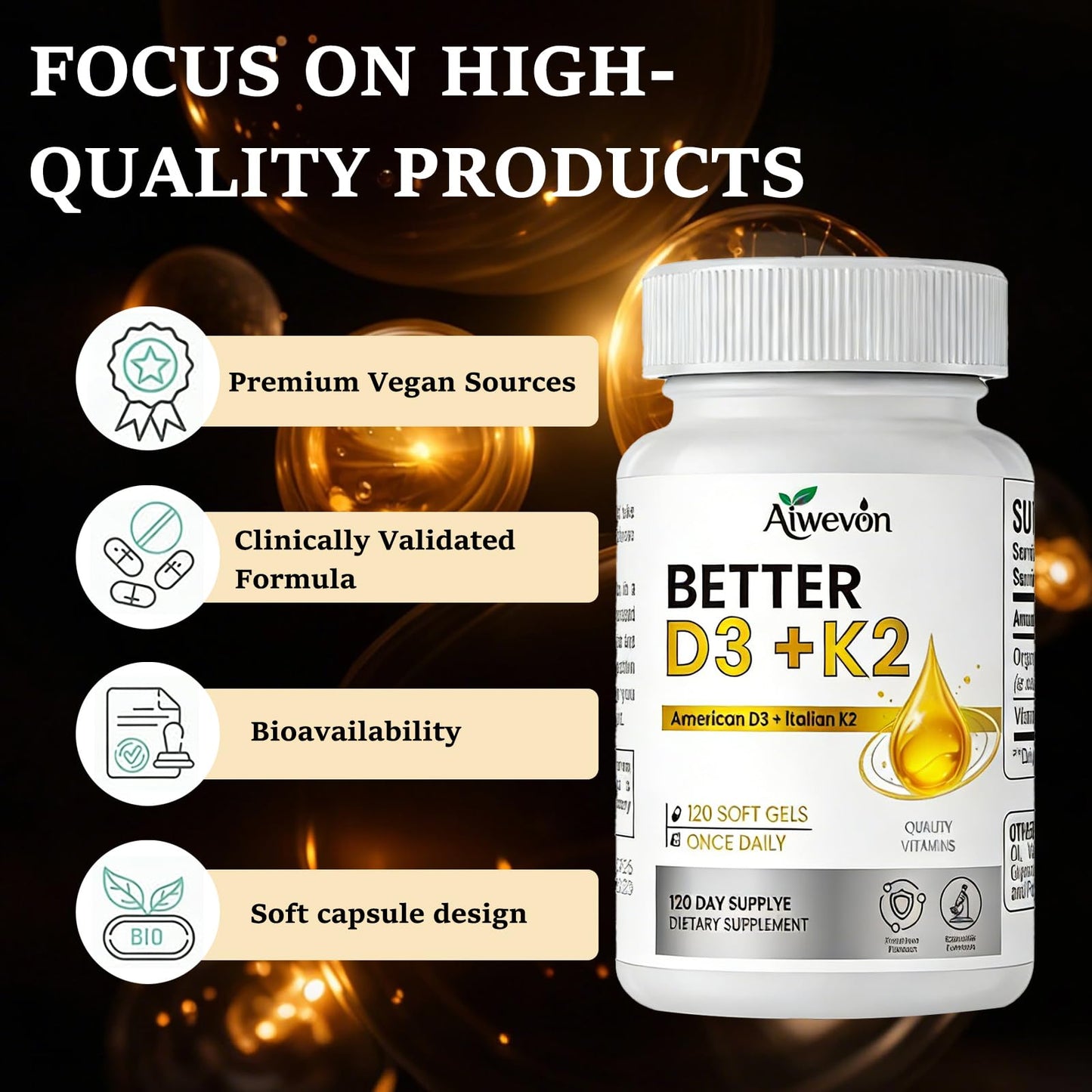 Aiwevon Vitamin D3 with K2 MK7 Capsule, 120 Capsules