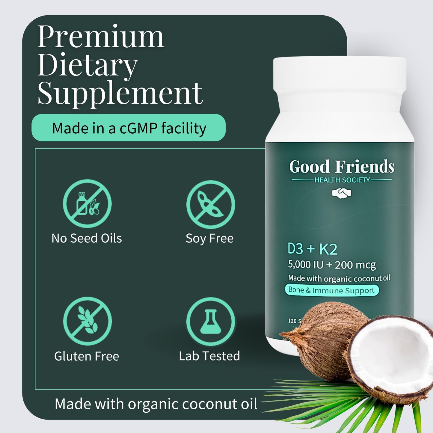Good Friends Health Society Vitamin D3 5000 IU + Vitamin K2 200 mcg Softgels, 120 Count