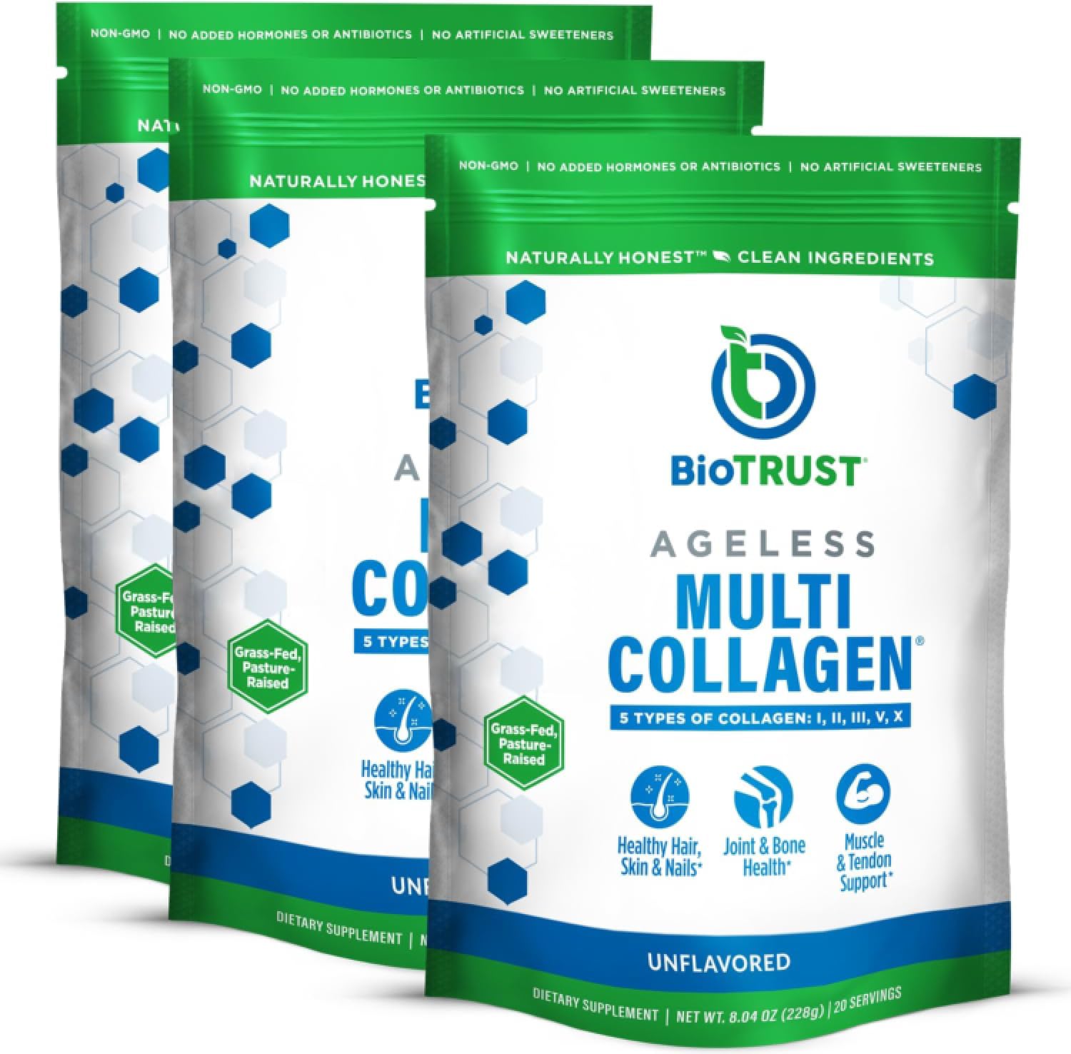BioTrust Ageless Multi Collagen Peptides Powder, Unflavored, 1.51 lb, 3-Pack