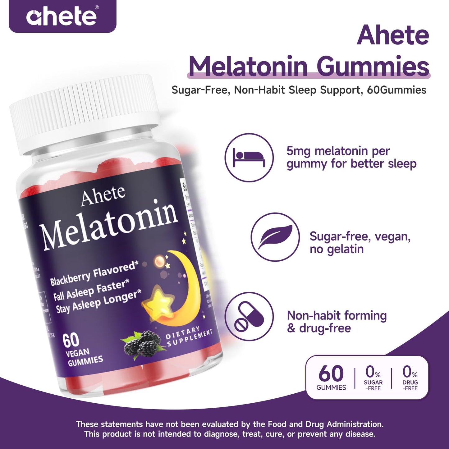 Ahete Melatonin 5mg Gummies for Adults, 180 Gummies