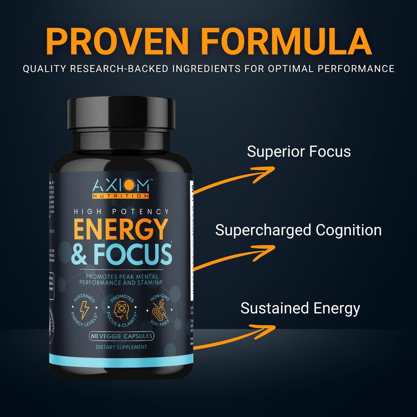 Axiom Nutrition Energy and Focus - Extra Strength 200mg Caffeine and Lions Mane Mushroom Supplement, Capsules, 60 Count