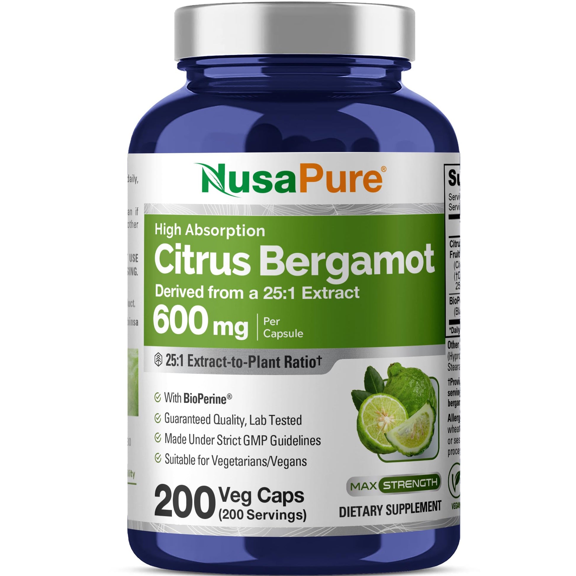 NusaPure Citrus Bergamot Capsules, 600 mg, 200 Veg Capsules