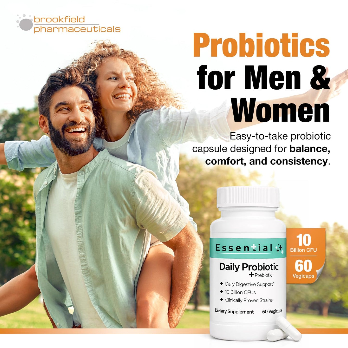 Brookfield Pharmaceuticals Essential Daily Probiotic for Men and Women 10 Billion CFU with Prebiotics & 2 Strains Probiotic Supplement for Gut Health Capsules 60 Count