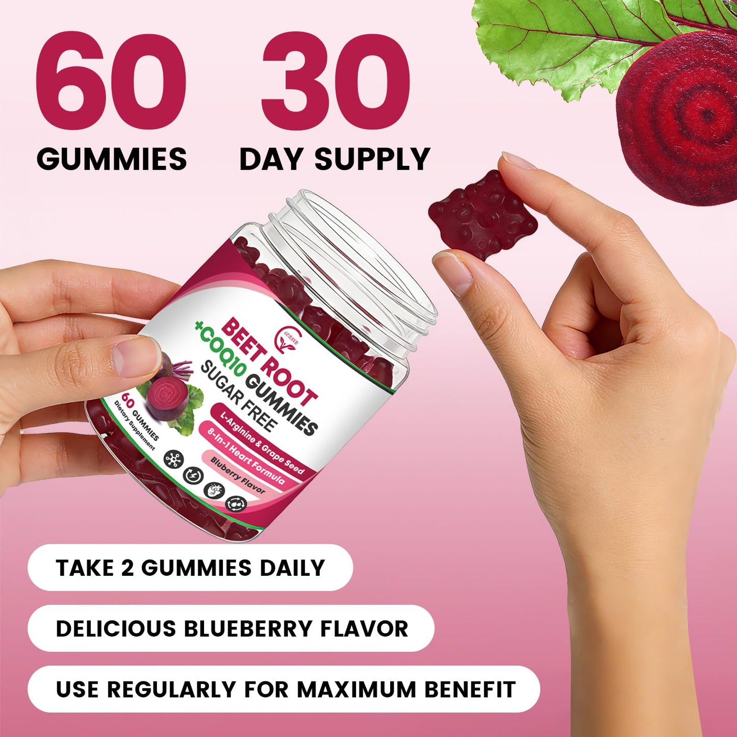 GORNVB Beet Root Gummies with CoQ10, L-Arginine & Grape Seed Extract, Nitric Oxide Booster, Vegan, Gluten Free, 60 Gummies