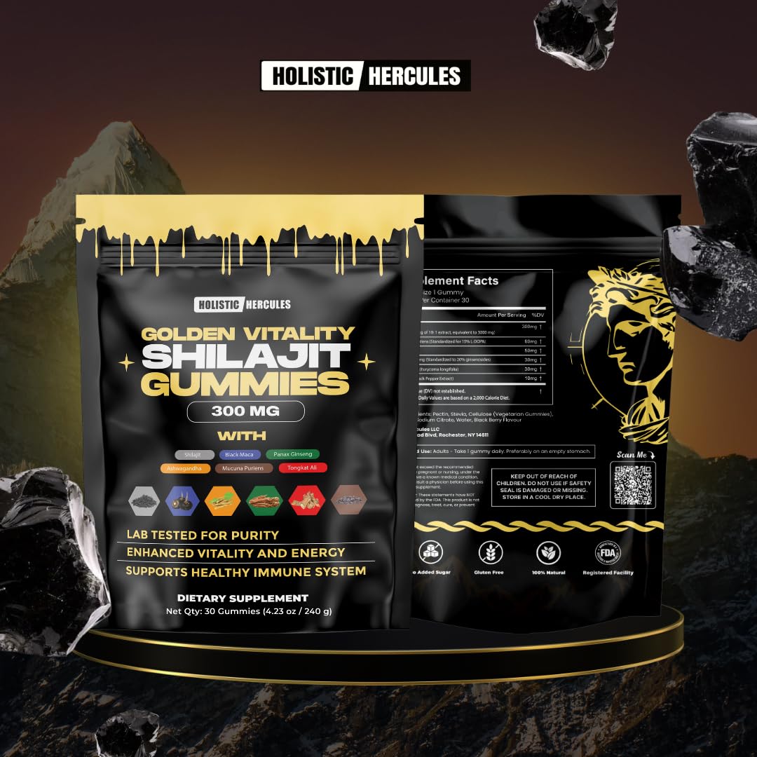 Holistic Hercules Himalayan Gold Shilajit Gummies with Ashwagandha, Black Maca, Tongkat Ali, Panax Ginseng, Mucuna, 30 Gummies