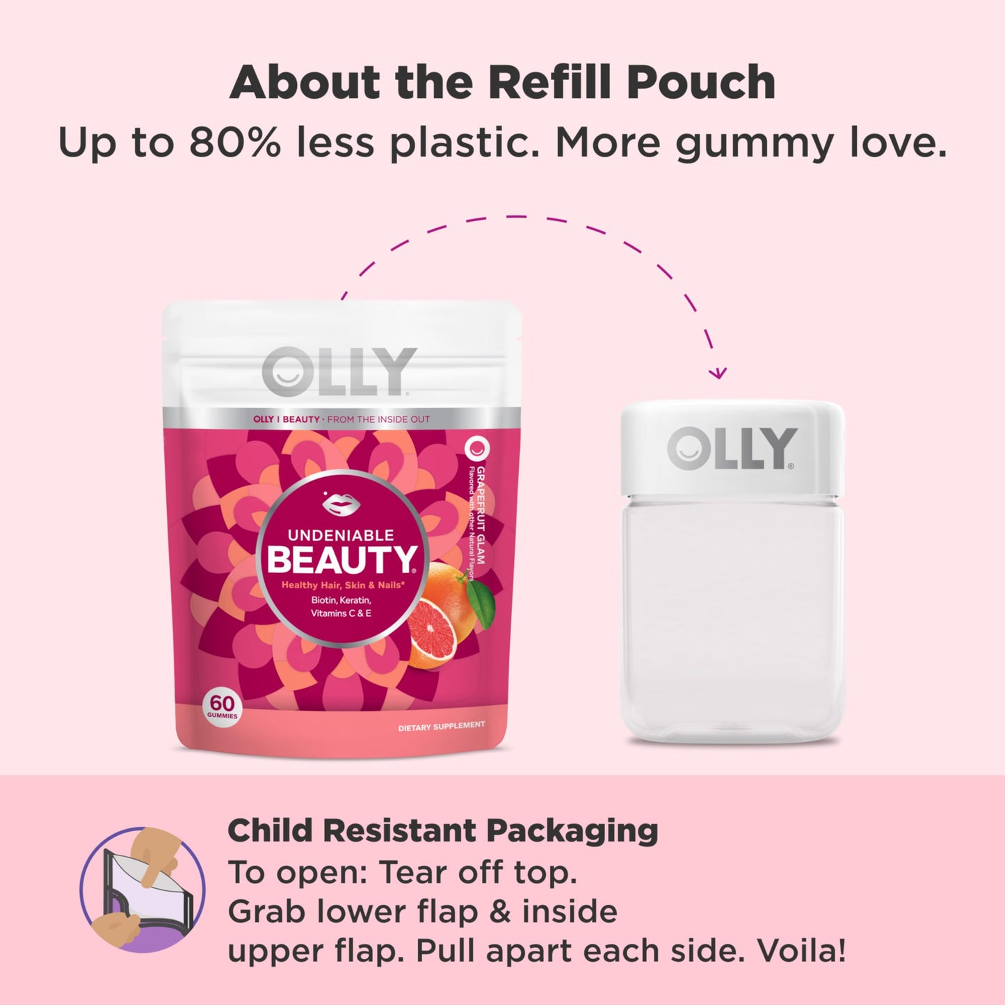 OLLY Undeniable Beauty Gummy, For Hair, Skin, Nails, Biotin, Vitamin C, Keratin, Chewable Supplement, Grapefruit, 60 Count