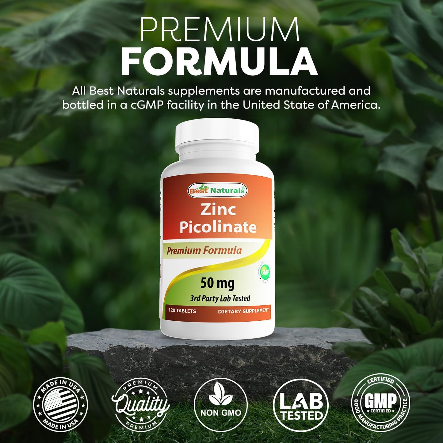 Best Naturals Zinc 50mg Supplements (as Zinc Picolinate) - Vitamins for Adults Immune Support, 120 Tablets