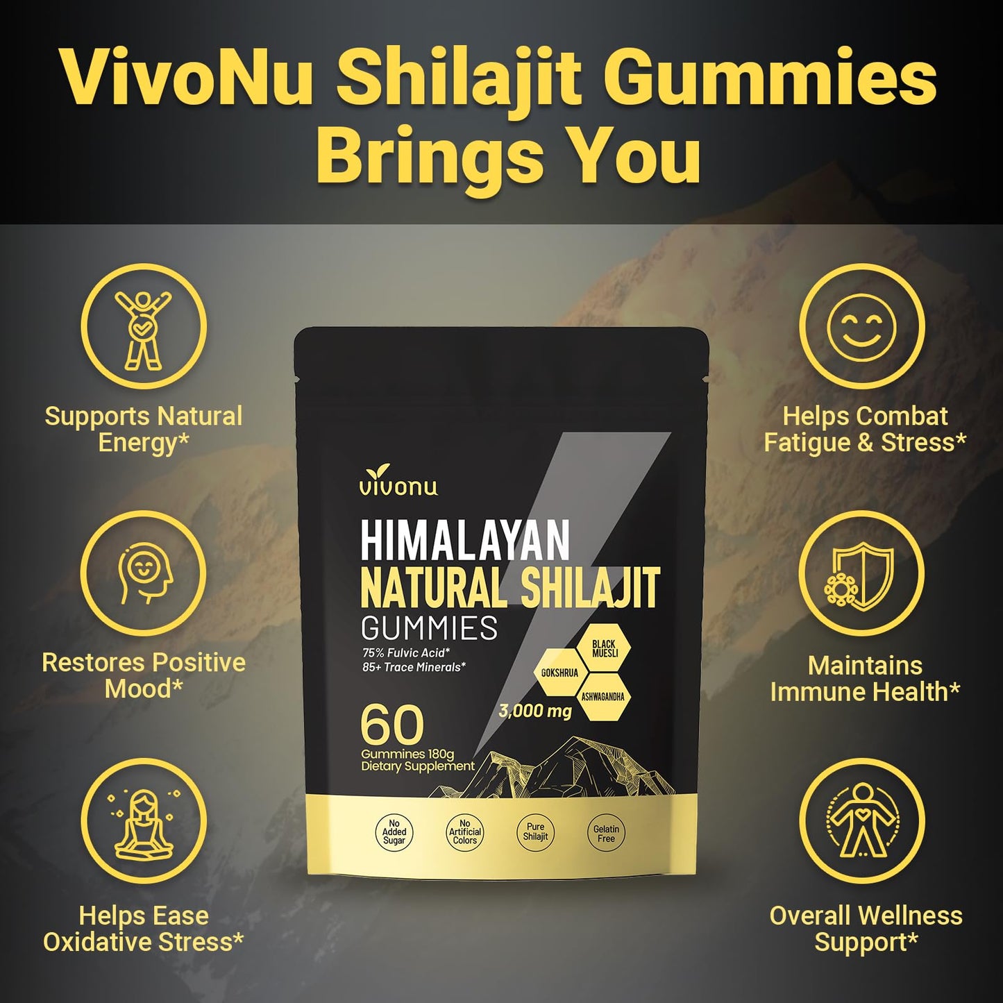 VivoNu Shilajit Gummies with Ashwagandha & Gokshura, 60 Gummies