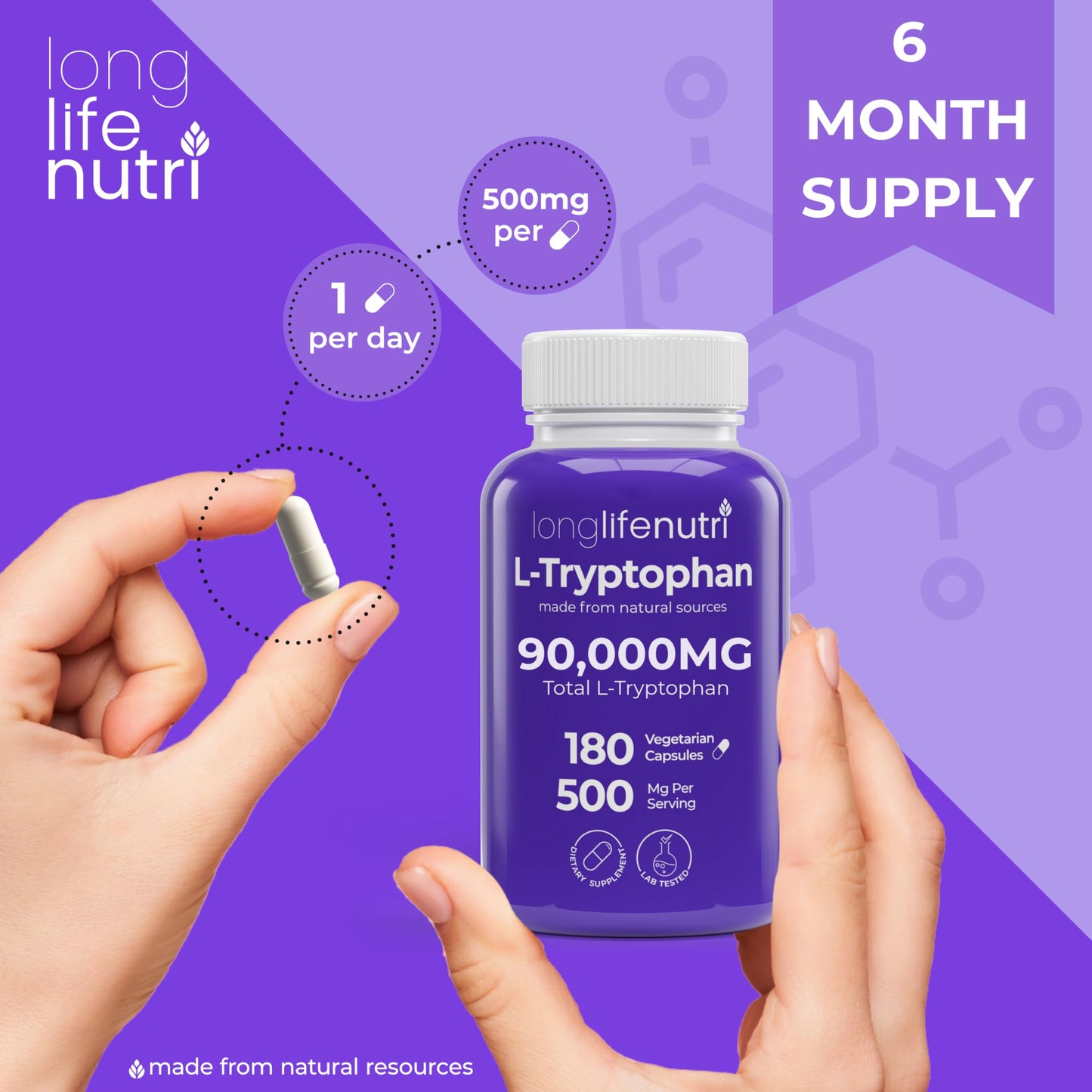 LongLifeNutri L-Tryptophan 500mg Capsules, 180 Count