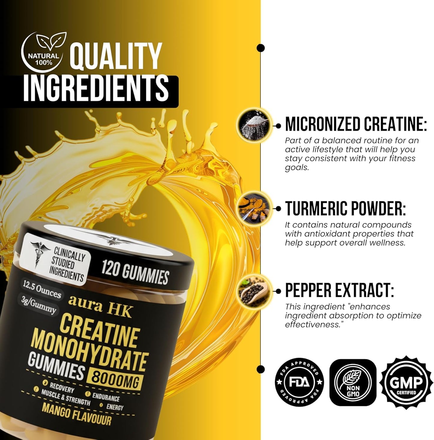 Aura HK Sugar Free Creatine Monohydrate Gummies Mango Flavour, 120 Gummies