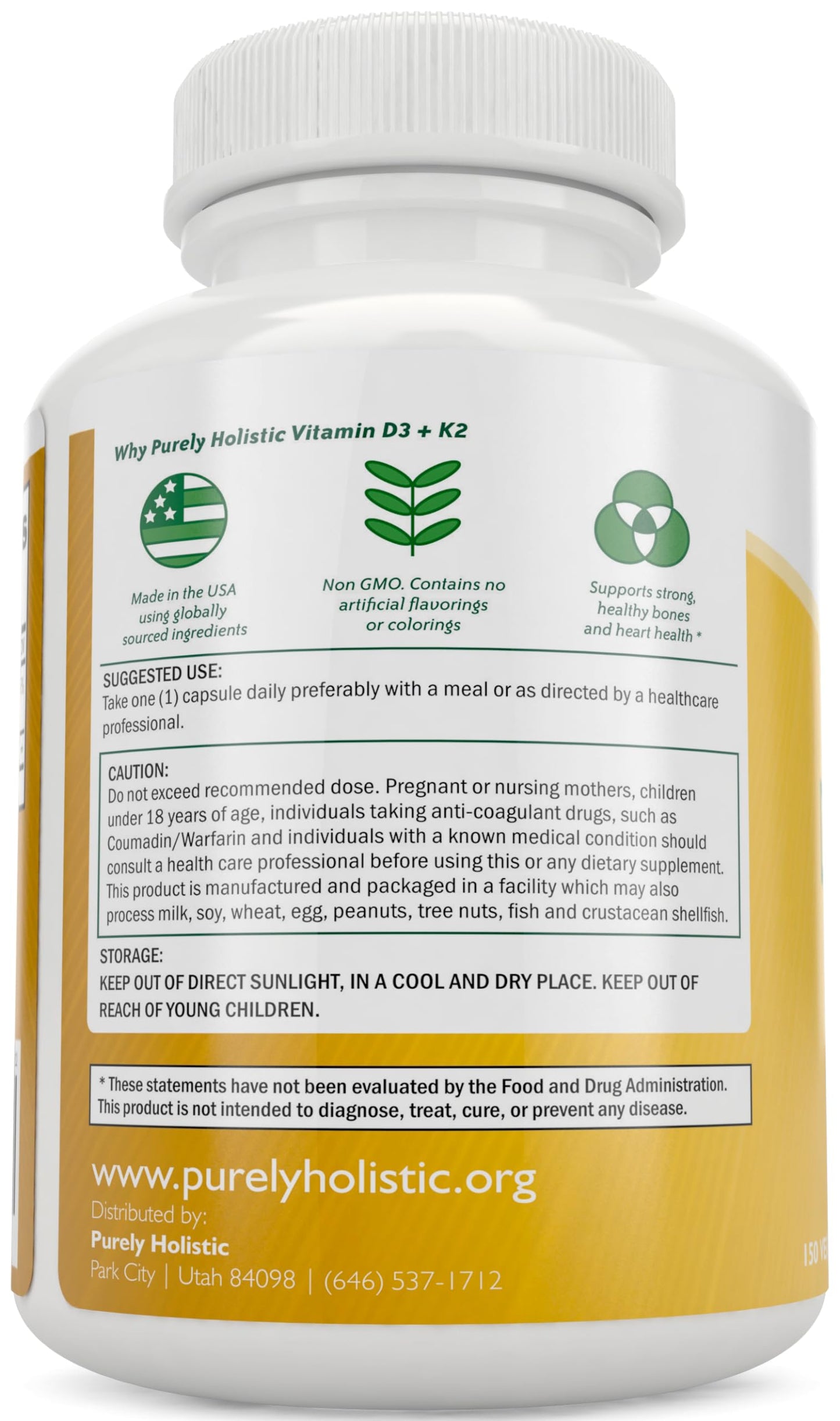Purely Holistic Vitamin D3 K2 Capsule, 150 Count