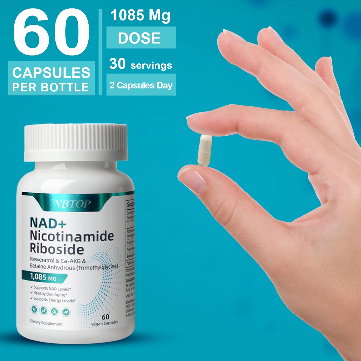 VBTOP NAD+ Supplement - 500mg Nicotinamide Nucleoside with Trans-Resveratrol, 120 Capsules