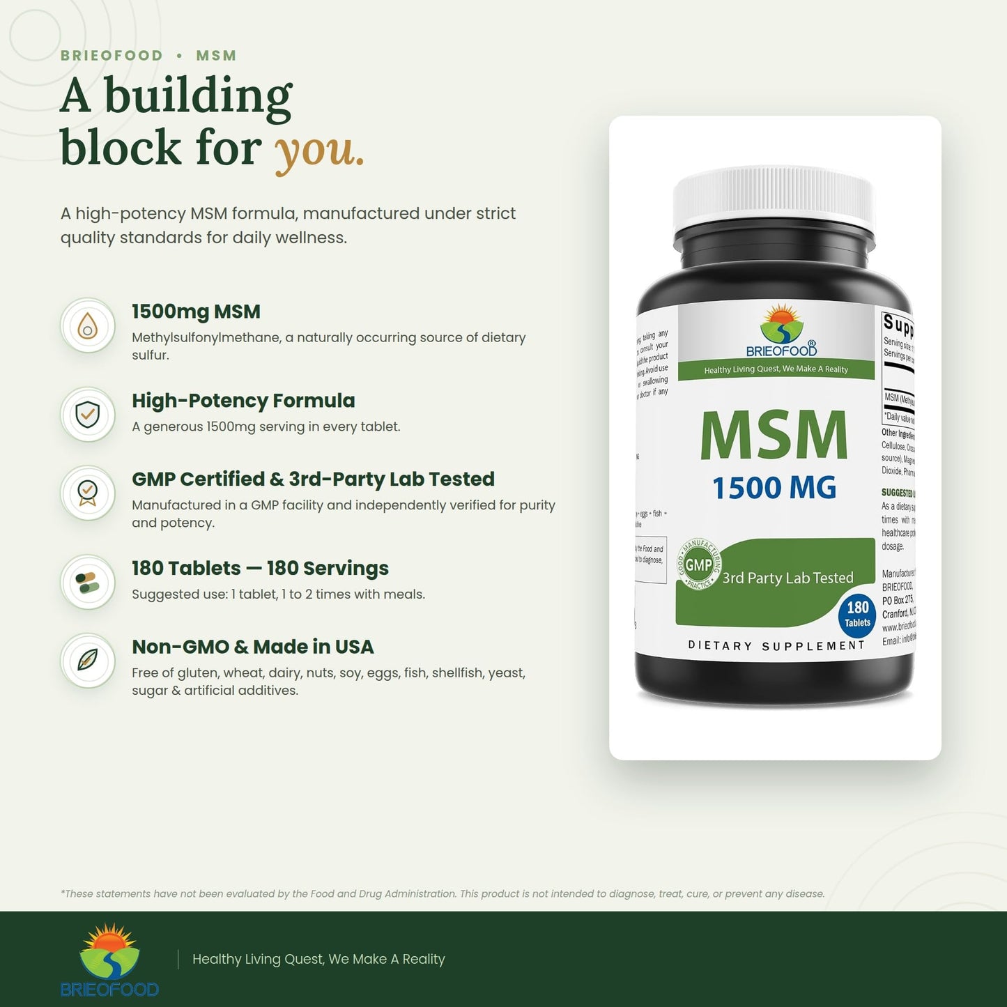 Brieofood MSM Supplement 1500mg per Tablet, 180 Tablets