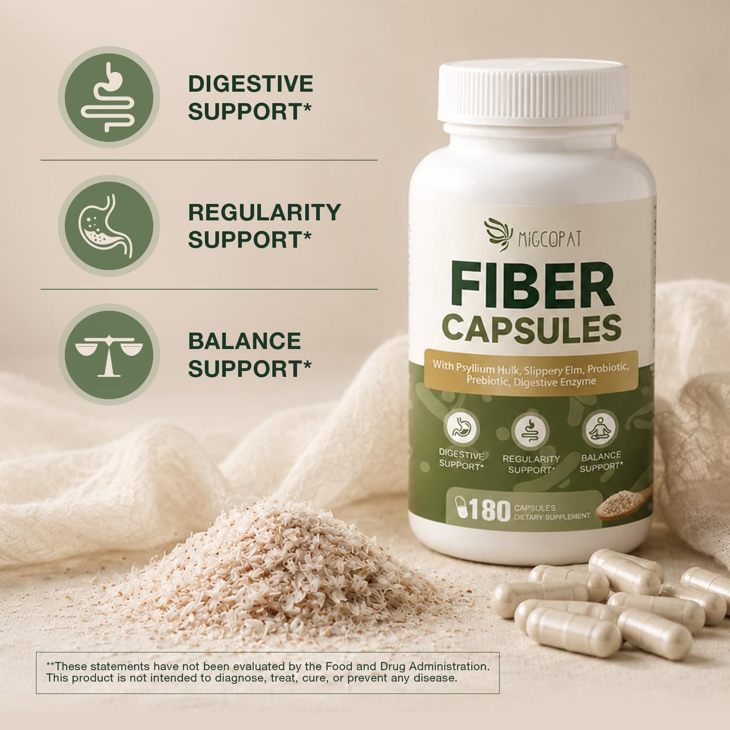 Migcopat Psyllium Husk Fiber Supplement 3000mg with Slippery Elm & Aloe Vera, Probiotics, Prebiotics, Digestive Enzymes, Supports Gut Health & Regularity, 180 Capsules