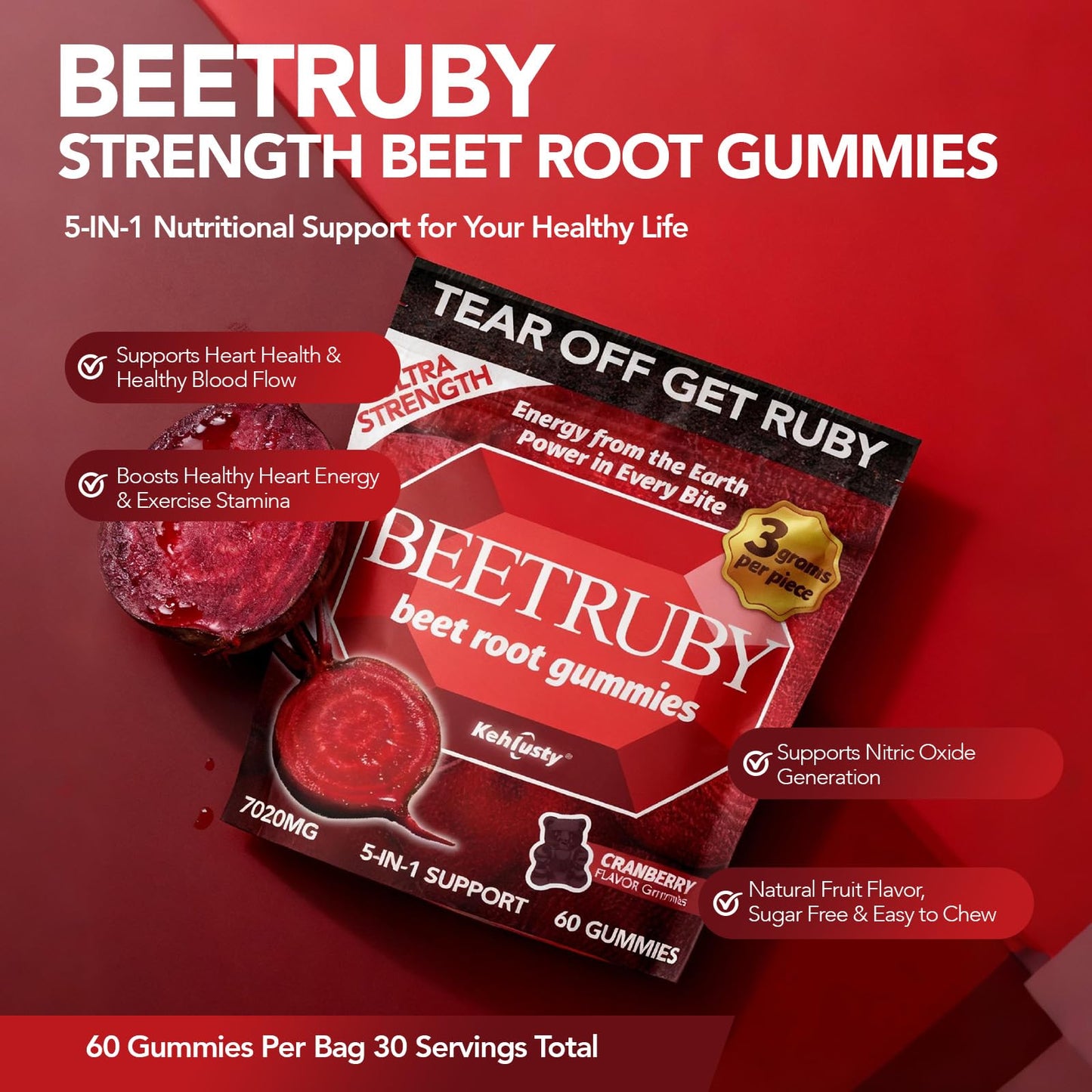 KEHLUSTY Beet Root Gummies 60 Gummies