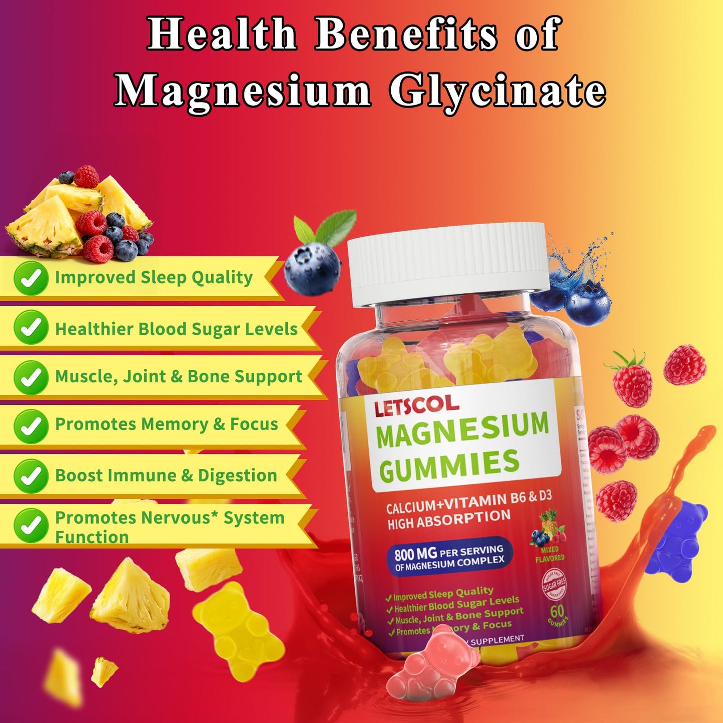 LETSCOL Magnesium Glycinate Gummies, 60 Count