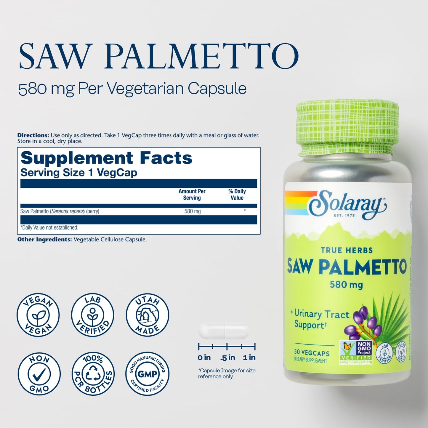 Solaray Saw Palmetto Berry 580 mg VegCap, 50 VegCaps