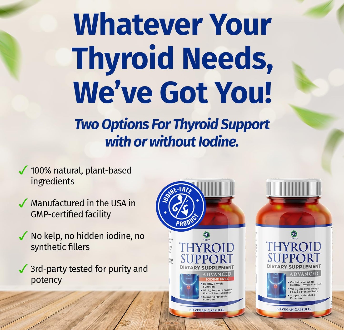 1 Body Thyroid Support for Women, Iodine Free Formula Capsules 60