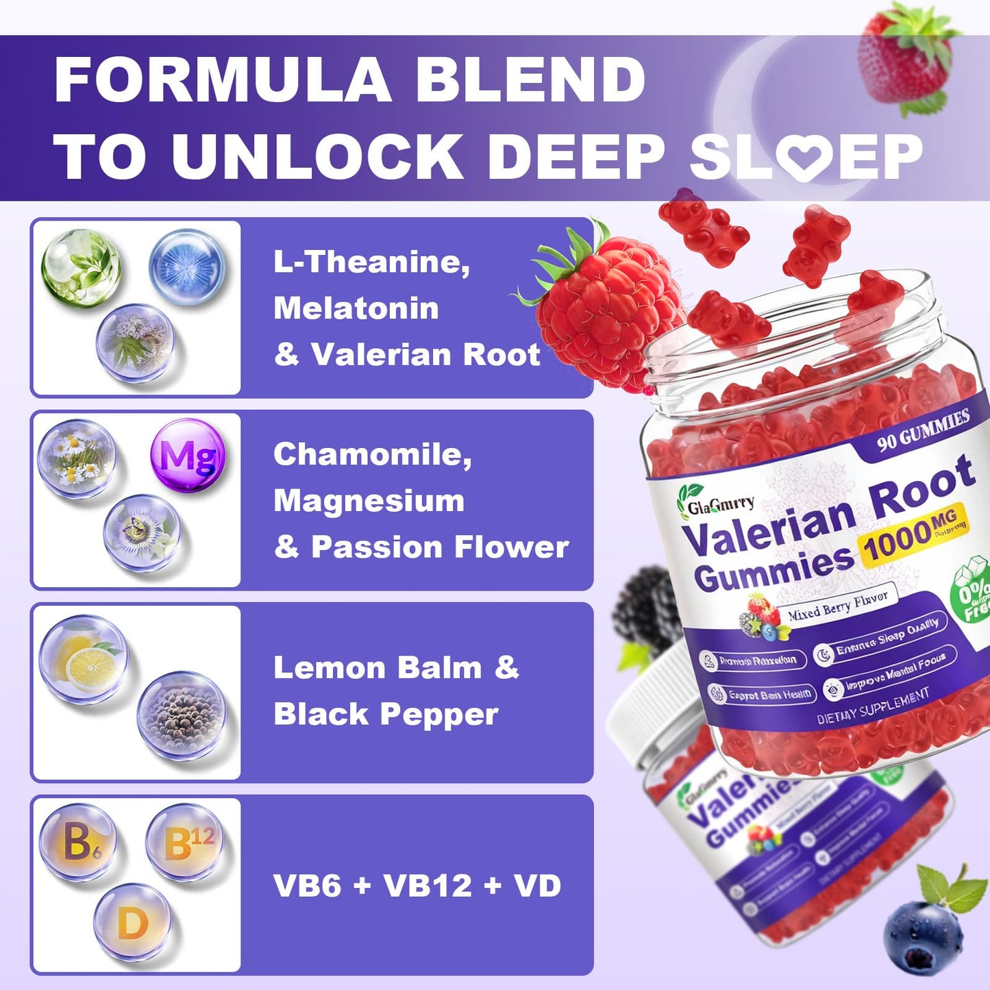 GlaGmrry Valerian Root Gummies with Melatonin & L-Theanine 90 Count