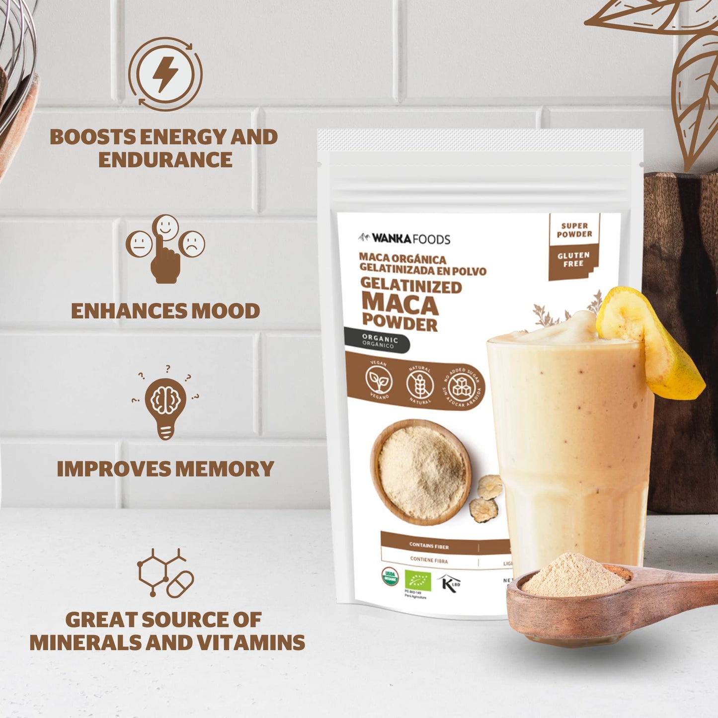 WANKA FOODS Organic Gelatinized Maca Powder, 8 oz