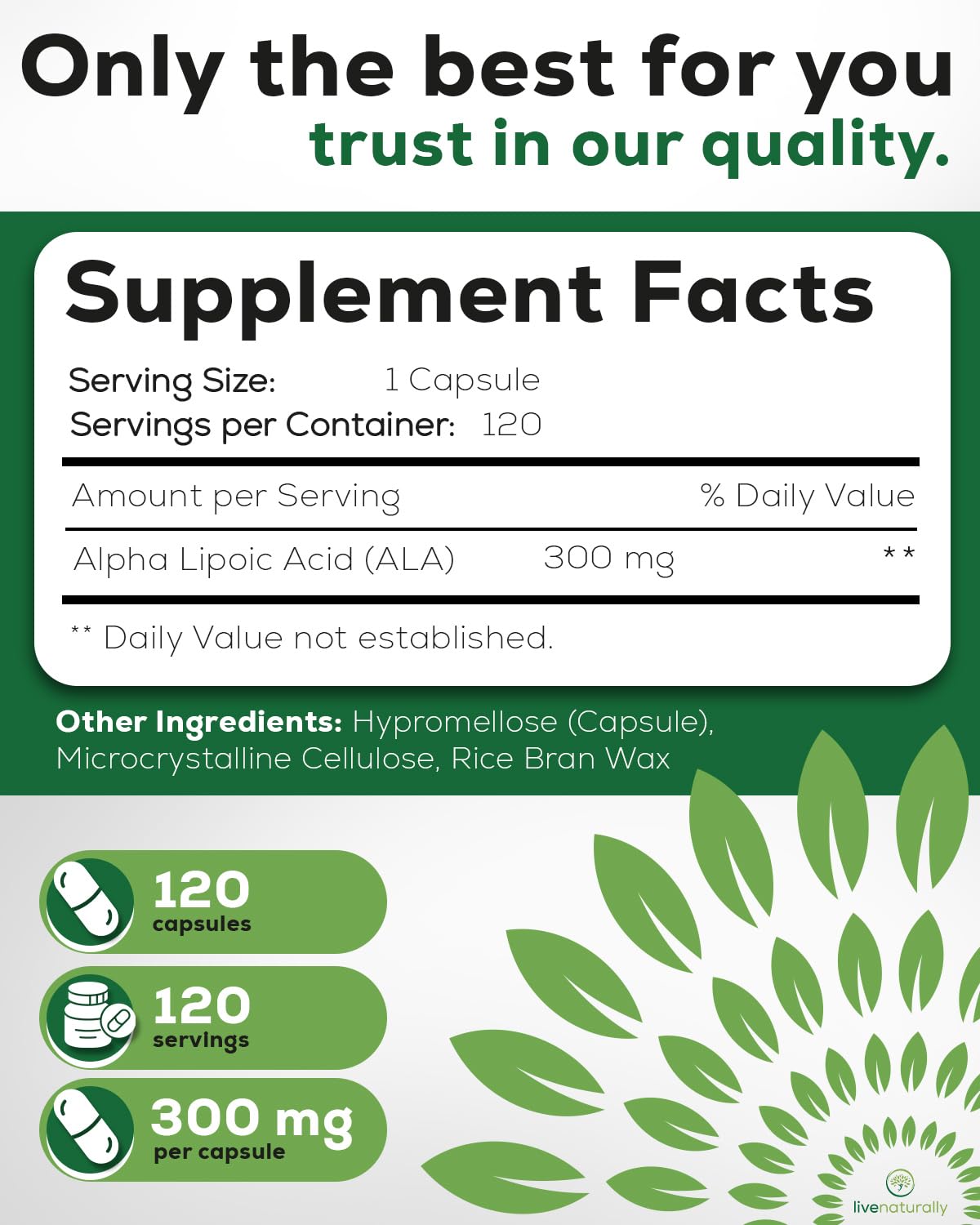 livenaturally Alpha Lipoic Acid 600mg Serving (300mg per Capsule) Capsules 120