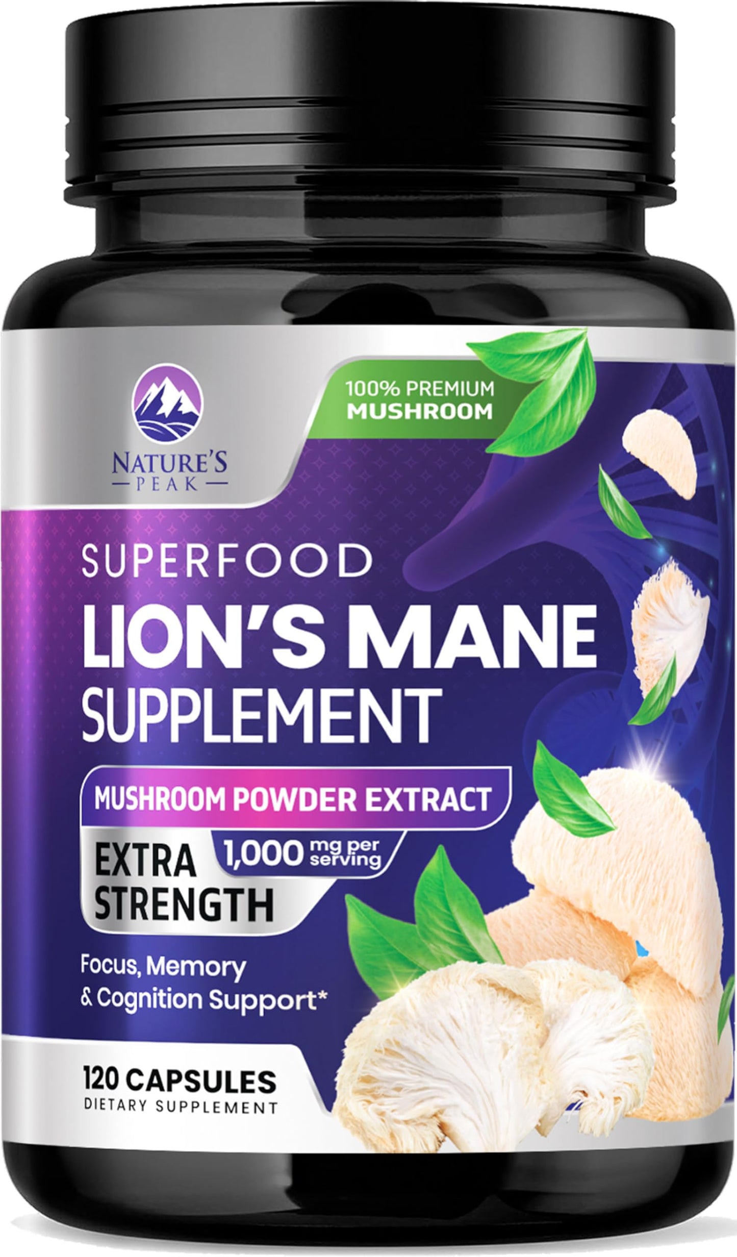 Nature's Peak Lions Mane Supplement Capsules 1000mg Per Serving, 120 Capsules