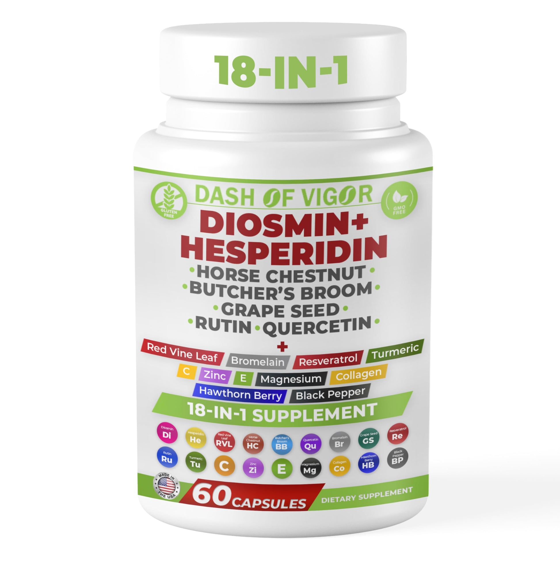DASH OF VIGOR DOFV 18-in-1 Diosmin Hesperidin Supplement, Quercetin with Bromelain, Zinc, Vitamin C with Rutin Supplement, Horse Chestnut Extract, Butcher's Broom Extract, 60 Capsules