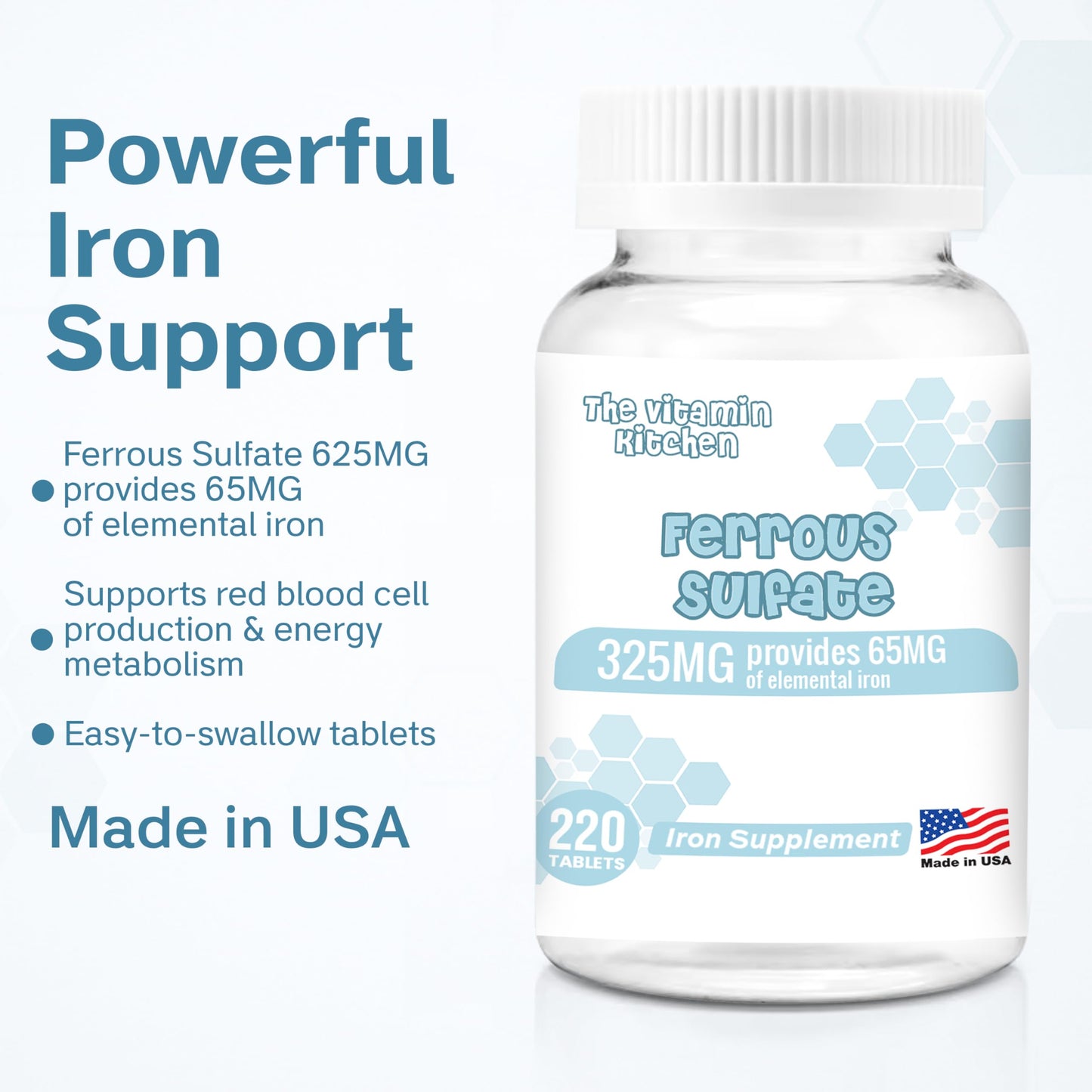 The Vitamin Kitchen Ferrous Sulfate 325 mg (65 mg Elemental Iron) High Potency Iron Supplement, 220 Tablets