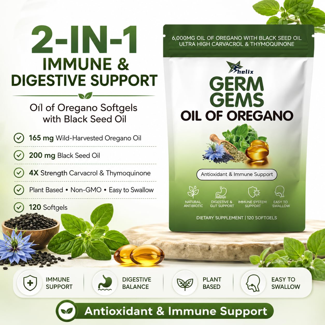 HerSpark Helix Germ Gems Oil of Oregano Softgels with Black Seed Oil, 120 Capsules
