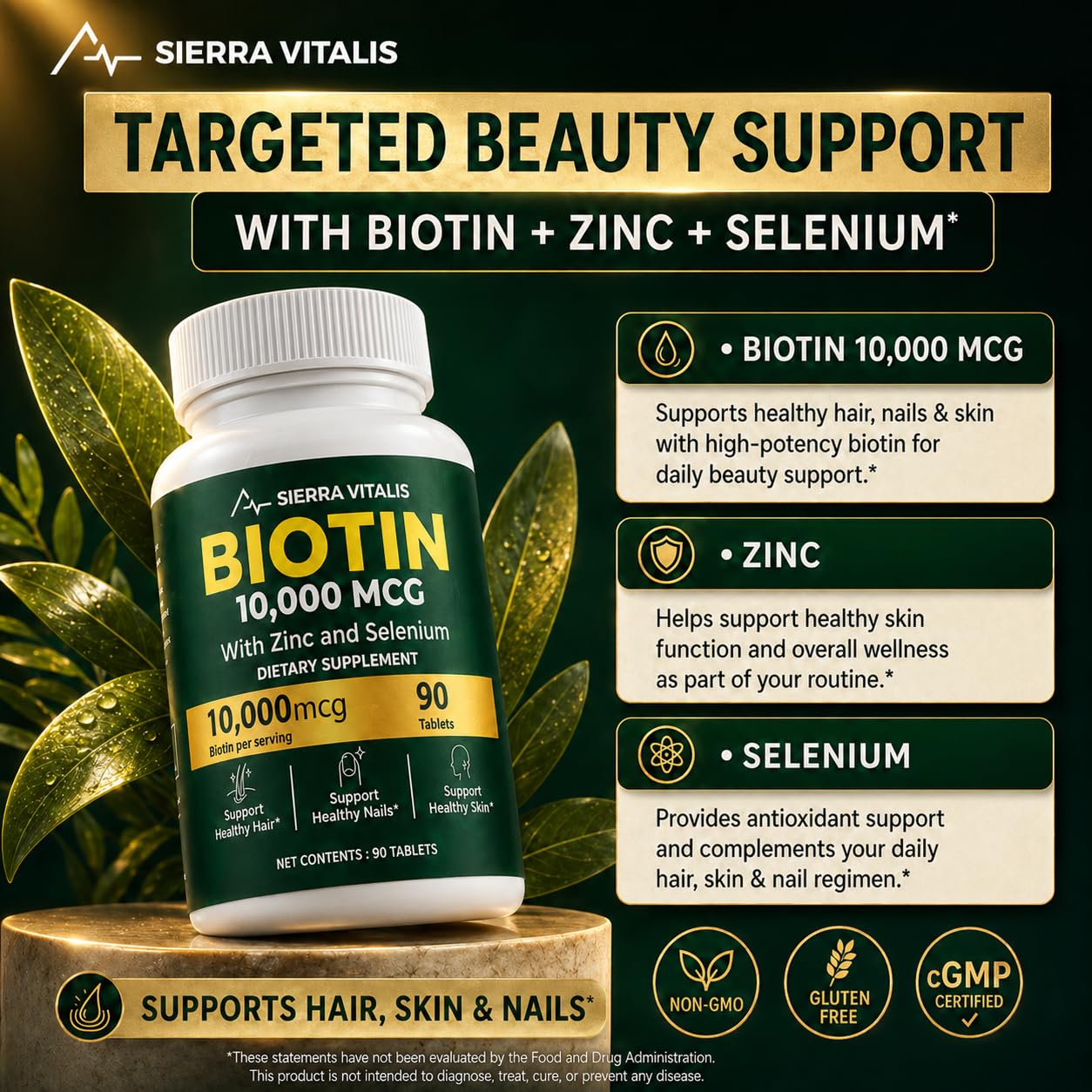 SIERRA VITALIS Biotin 10000mcg Hair Growth Tablets, Zinc + Selenium, 90 Count, Non-GMO, Gluten Free