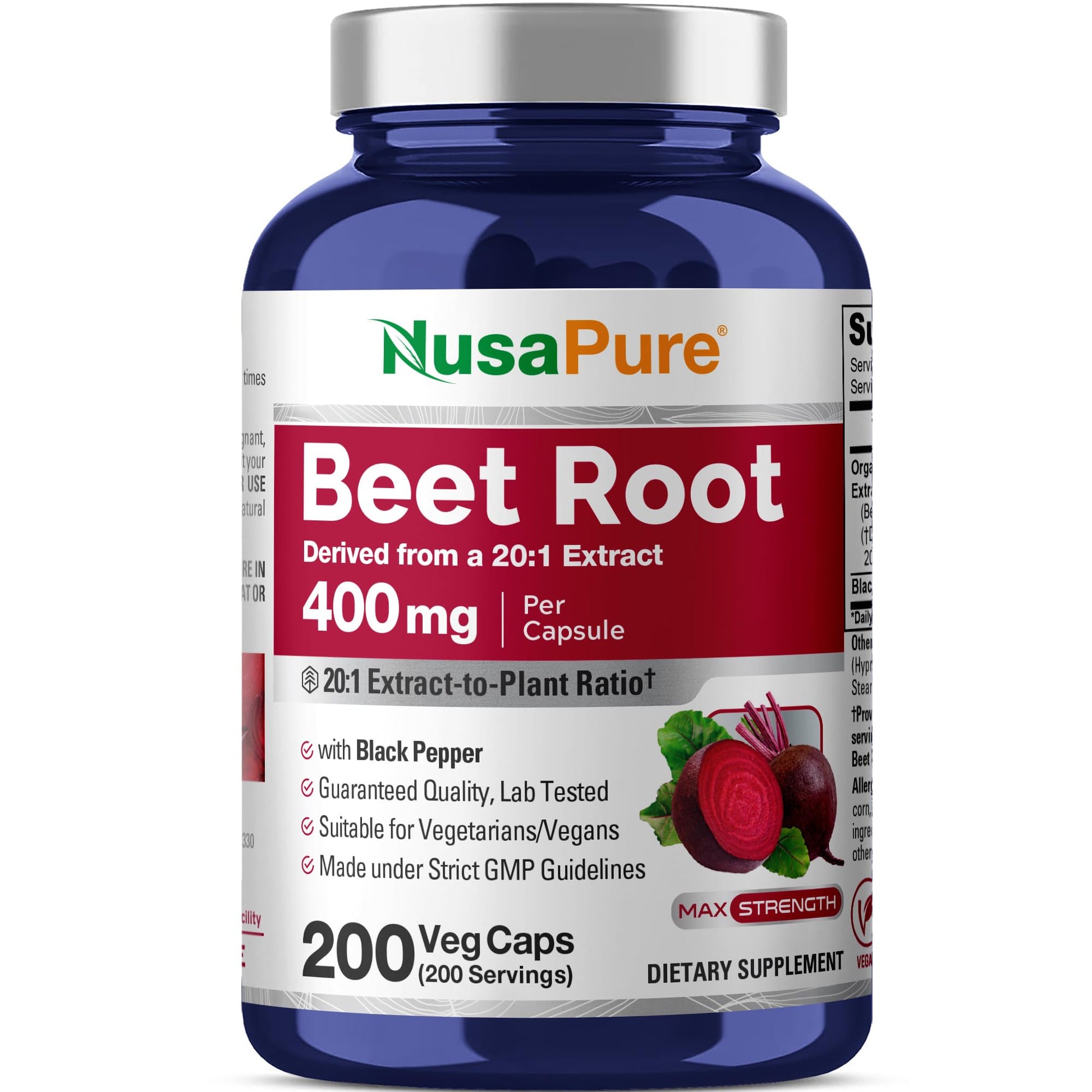 NusaPure Organic Beet Root 400 mg Veg Capsules, 200 Count