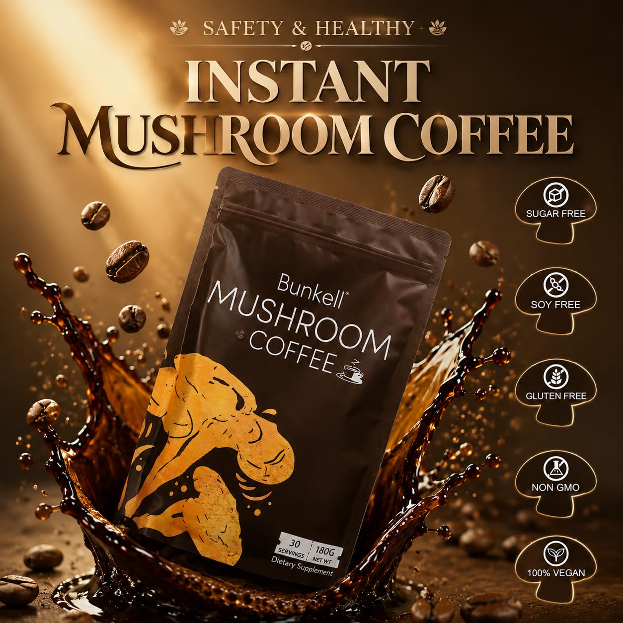 Bunkell Mushroom Coffee Powder with 6 Adaptogenic Mushrooms (Lion's Mane, Reishi, Cordyceps, Shiitake, King Trumpet & Turkey Tail) 6.35 Ounce