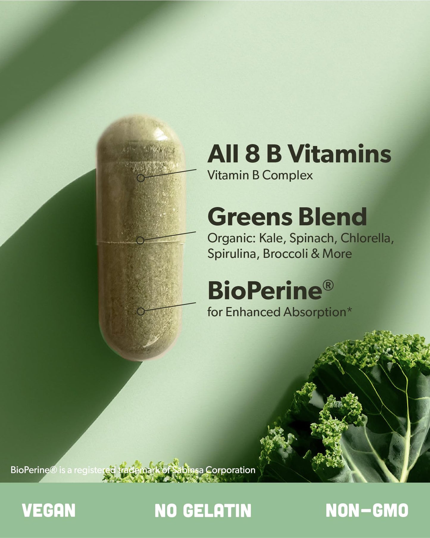 sapling Vegan Vitamin B Complex - Whole Food Blend with Essential B Vitamins B1, B2, B3, B5, B6, B7, Folate, B12 60 Capsules