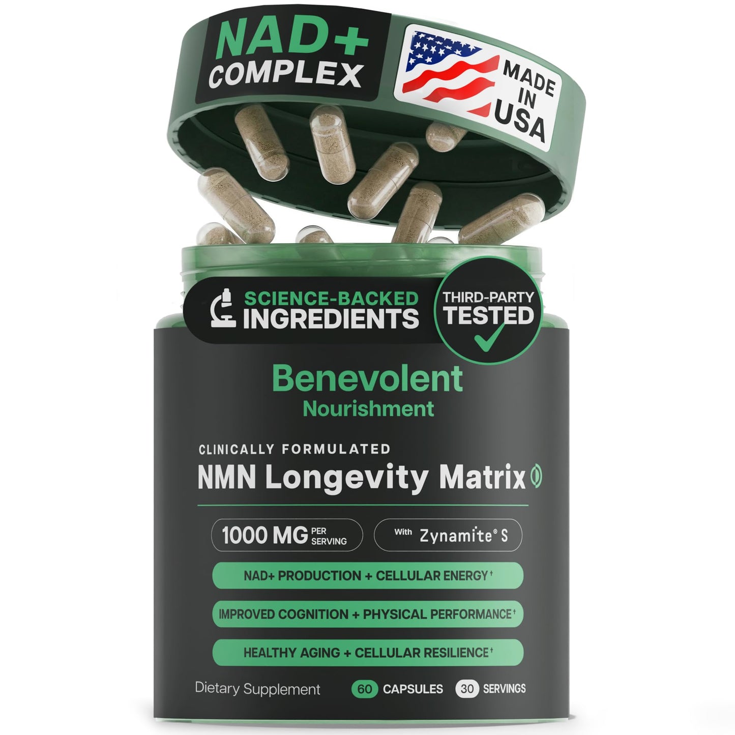 Benevolent Nourishment Advanced NMN Supplement 1000mg (98% Purity) Capsules, 60 Count