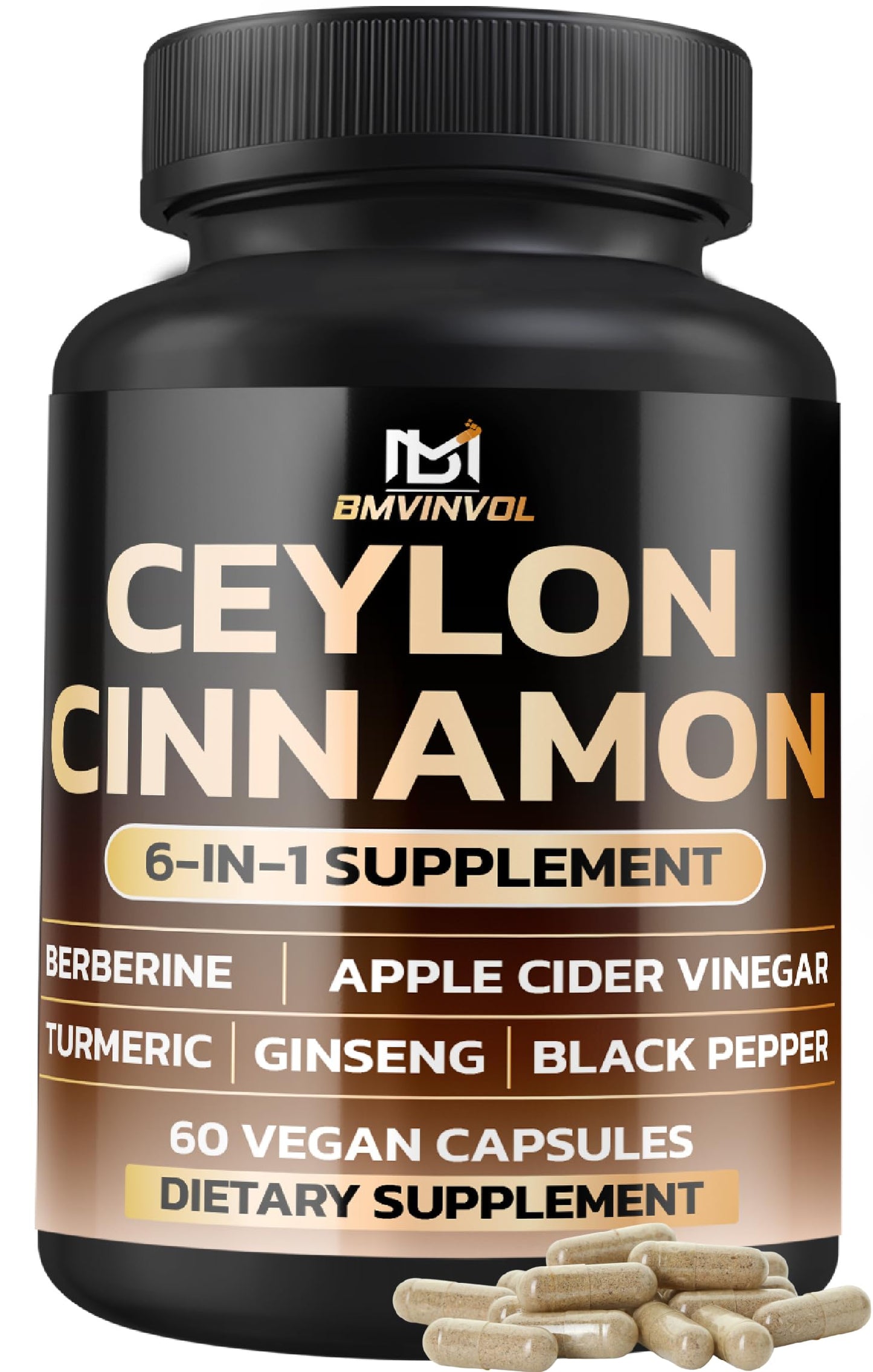 BMVINVOL Ceylon Cinnamon Capsules with Berberine HCl Supplement - Panax Ginseng, Apple Cider Vinegar, Turmeric Curcumin, 60 Capsules