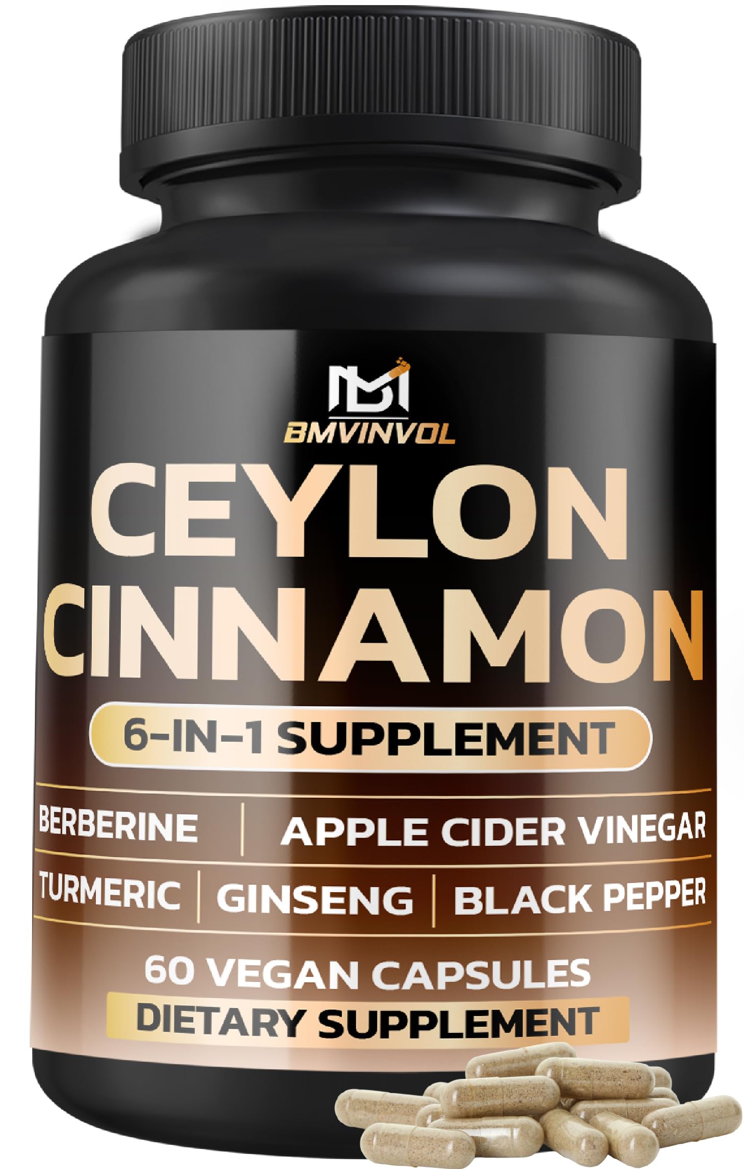 BMVINVOL Ceylon Cinnamon Capsules with Berberine HCl Supplement - Panax Ginseng, Apple Cider Vinegar, Turmeric Curcumin, 60 Capsules