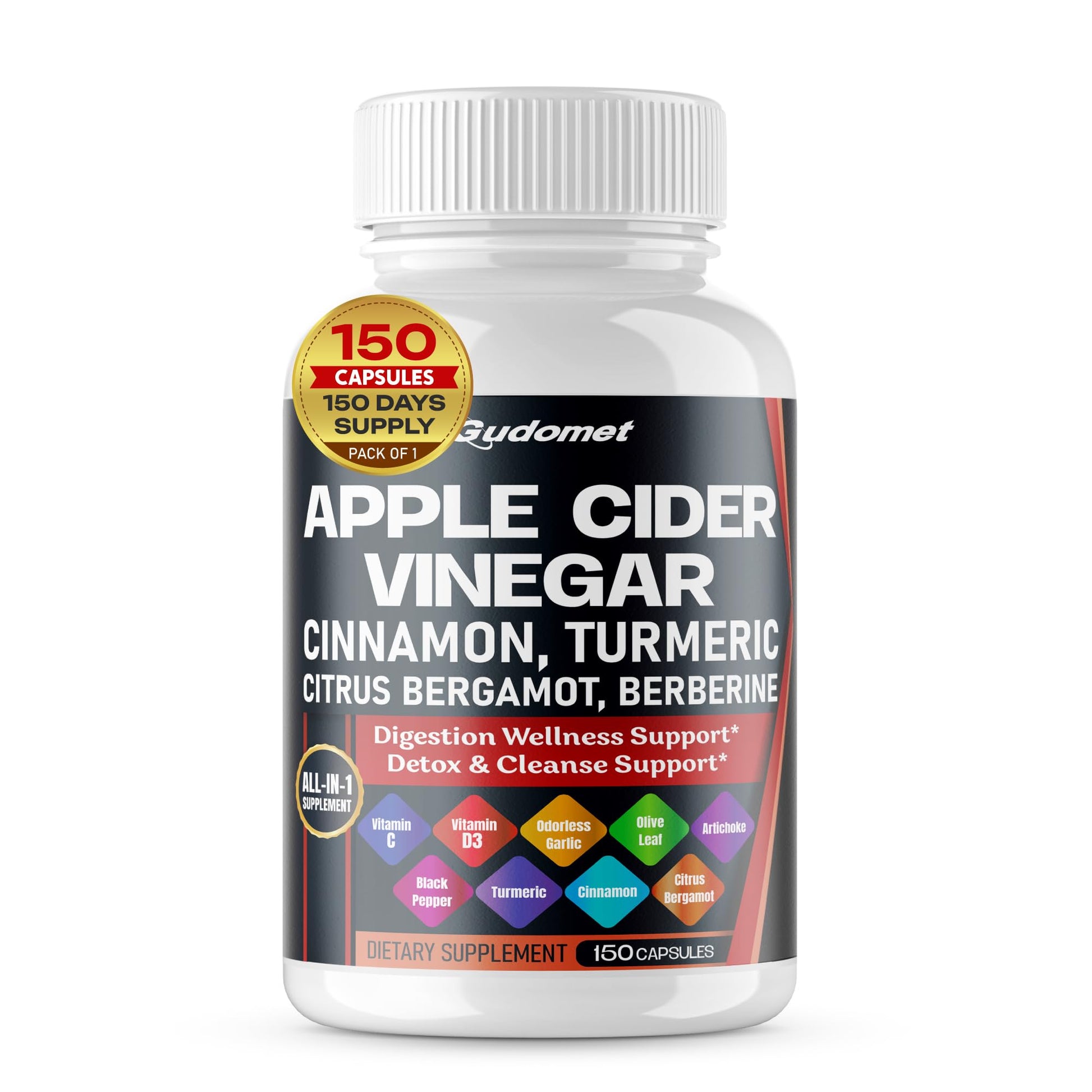 GUDOMET Apple Cider Vinegar Ceylon Cinnamon Turmeric Odorless Garlic Olive Leaf Artichoke Black Pepper Capsule 150 Count