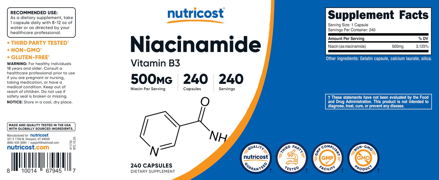 Nutricost Niacinamide Vitamin B3 500mg, 480 Capsules