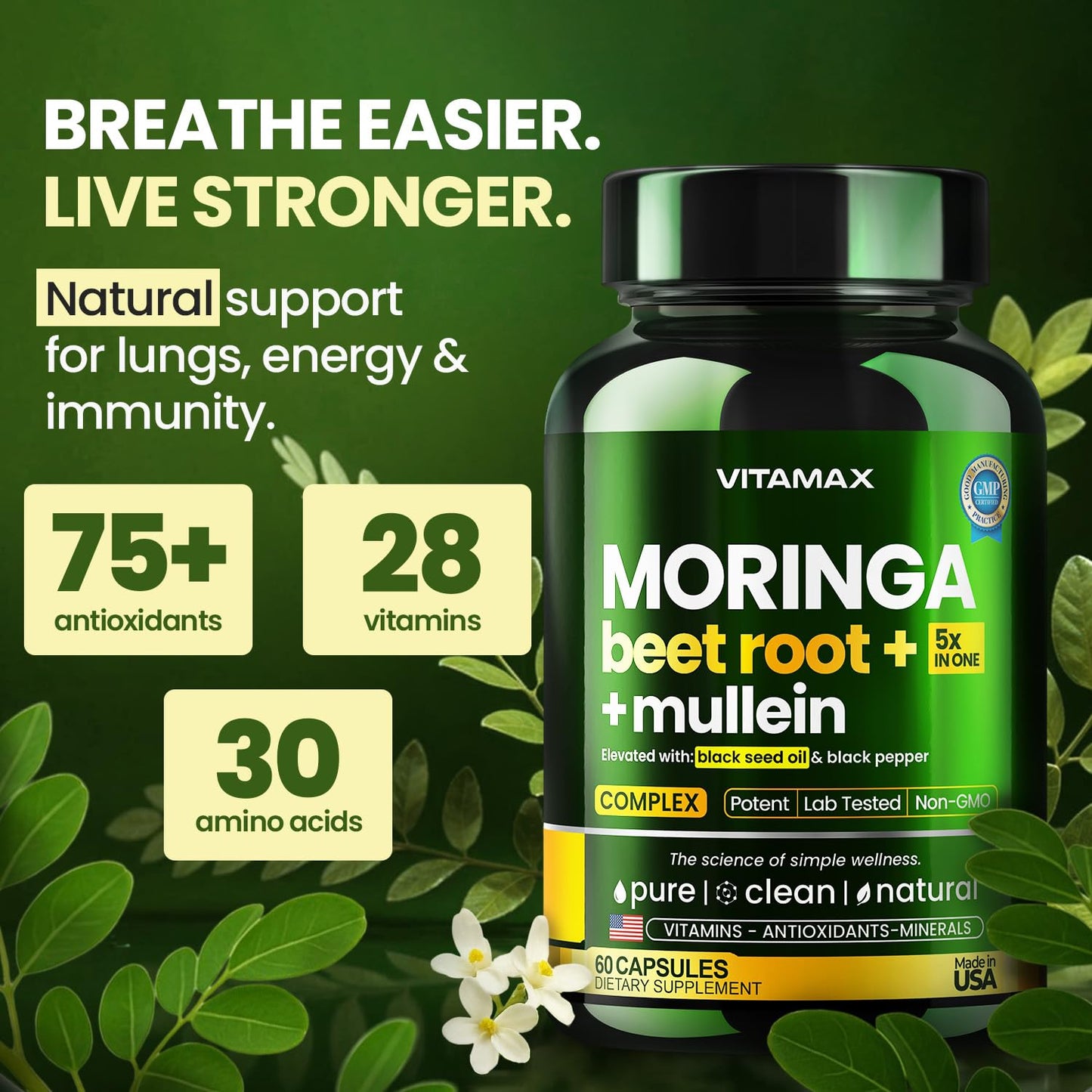 Vitamax Moringa, Beet Root, Mullein Leaf Capsules 60 Count