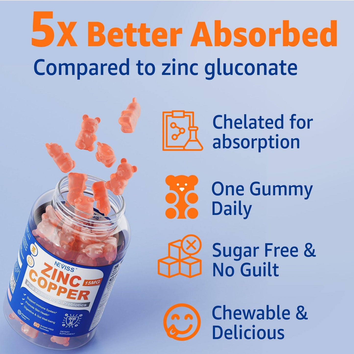 NEVISS Zinc Picolinate Gummies with Copper + Probiotics, Vitamin B6 for Max Absorption, Vegan, 120 Gummies